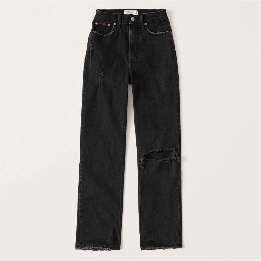 Abercrombie 90s Straight Ultra High Rise , Black with Distressed Knee